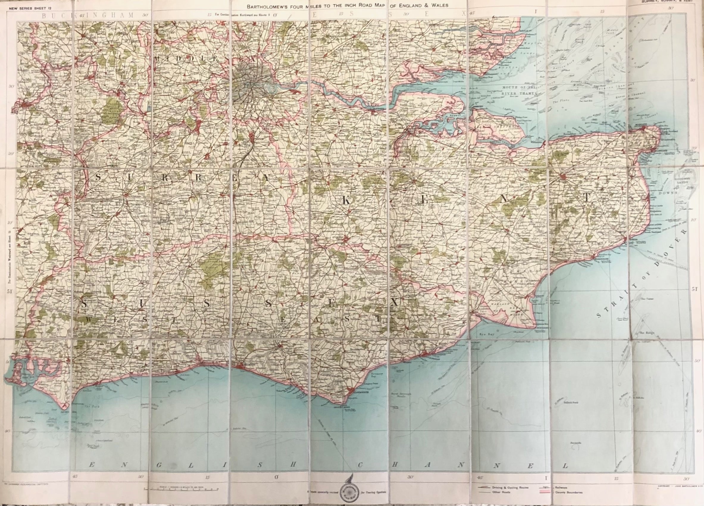 BARTHOLOMEW'S  4 Miles To The INCH ROAD MAP OF ENGLAND AND WALES FROM THE ORDNANCE SURVEY IN TWELVE SHEETS.