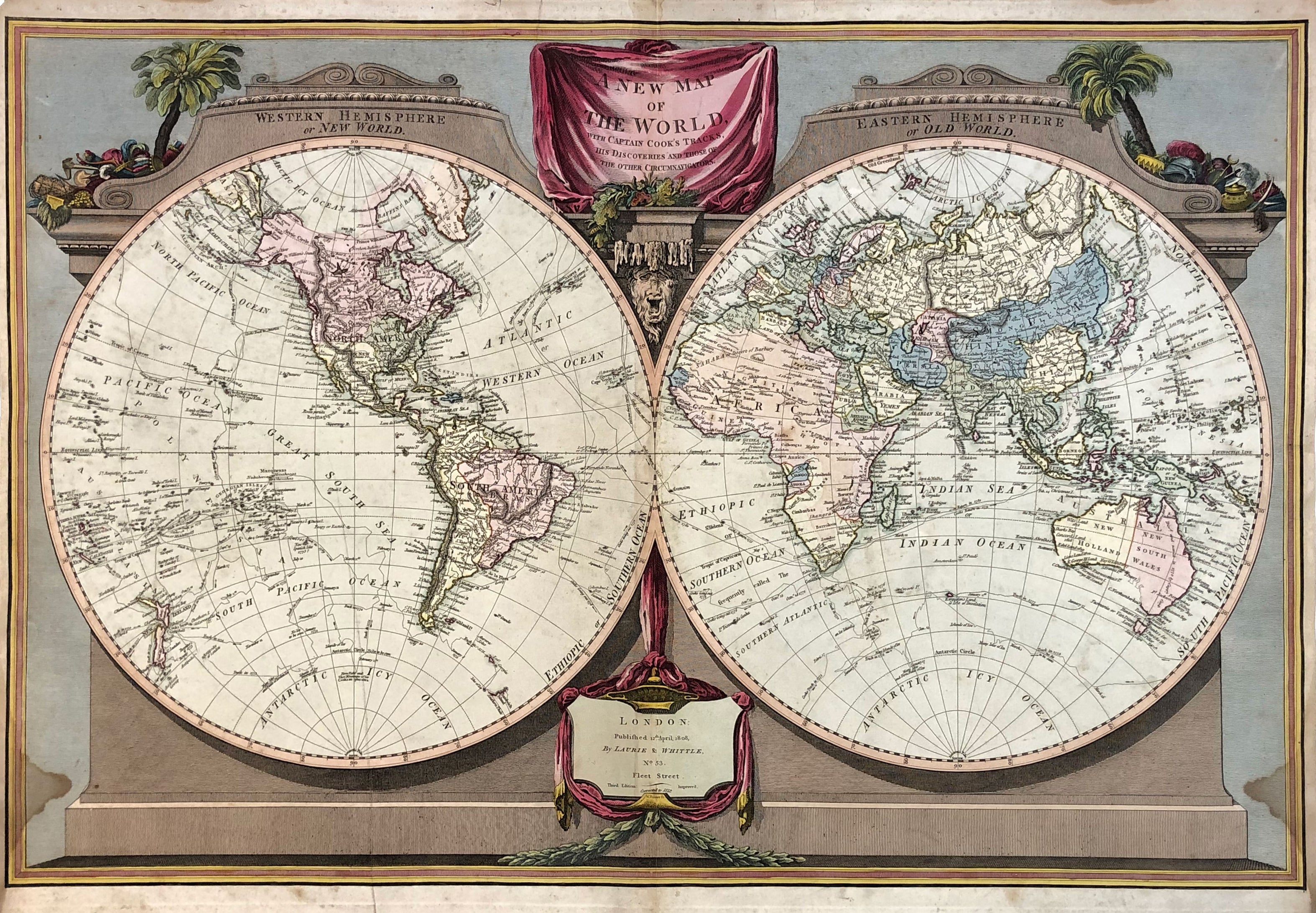 A NEW MAP OF THE WORLD WITH CAPTAIN COOK'S TRACKS, his discoveries and those of the other circumnavigators