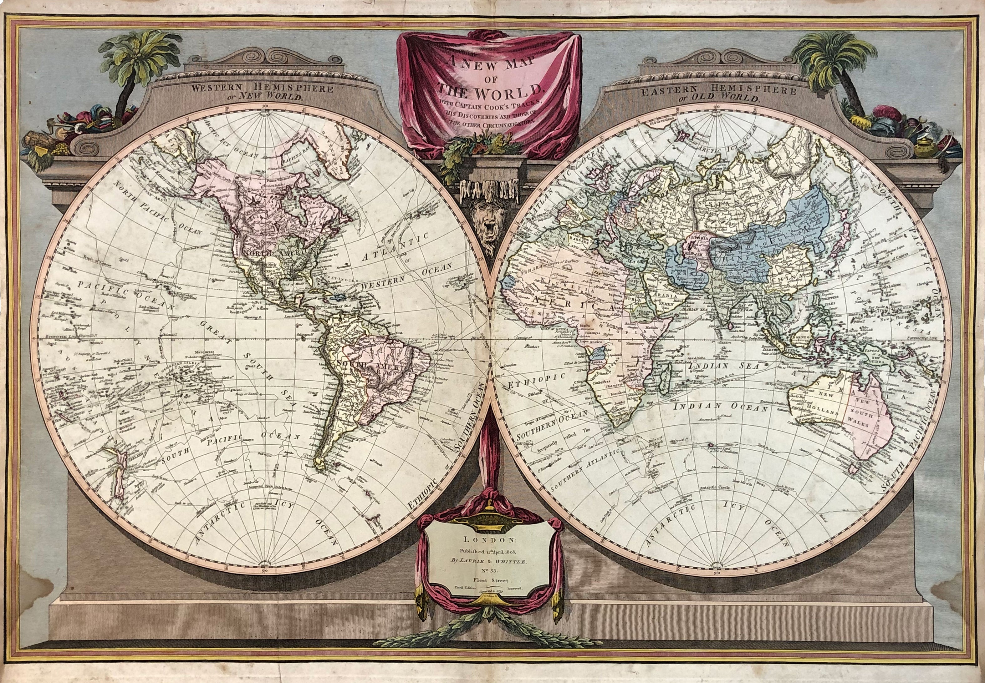 Cook Born Map A NEW MAP OF THE WORLD WITH CAPTAIN COOK'S TRACKS, his discoveries and ...