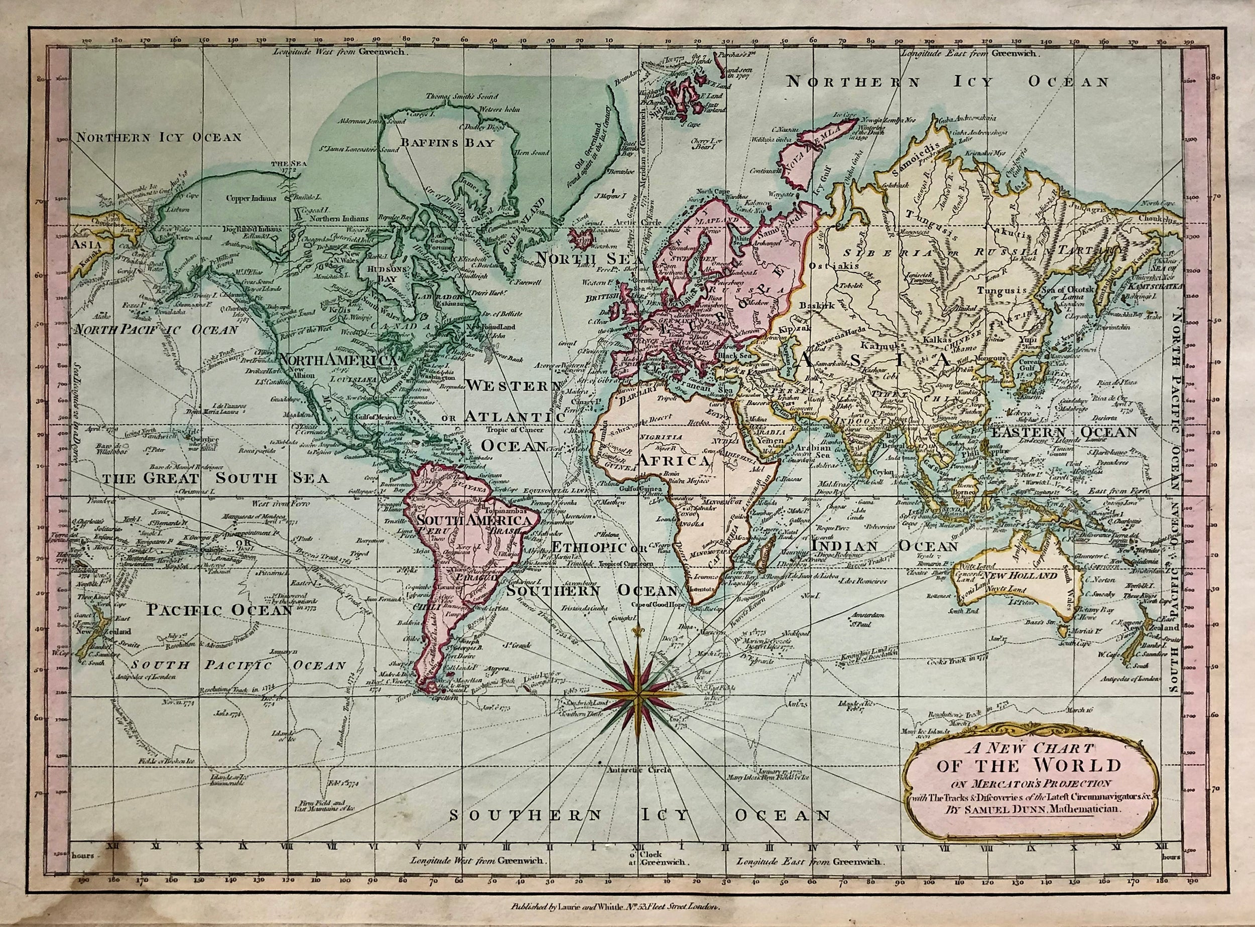 A NEW CHART OF THE WORLD ON MERCATOR'S PROJECTION with The Tracks & Discoveries of the Latest Circumnavigators &c. by SAMUEL DUNN, Mathematician.